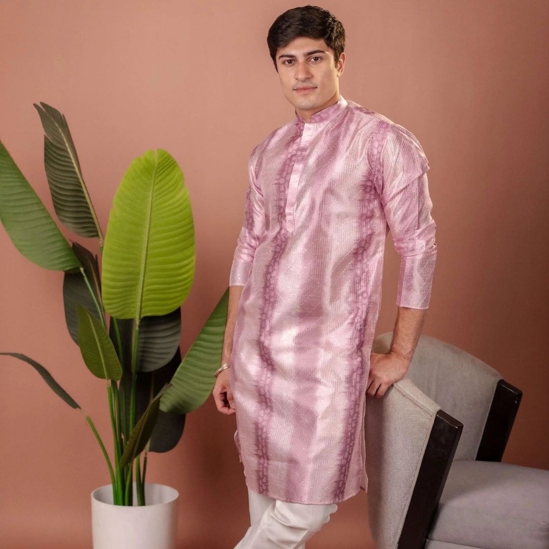 Suutraa Men's Lavender Silk Ombre Kurta With Off White Pyjama Set - suutraa.com