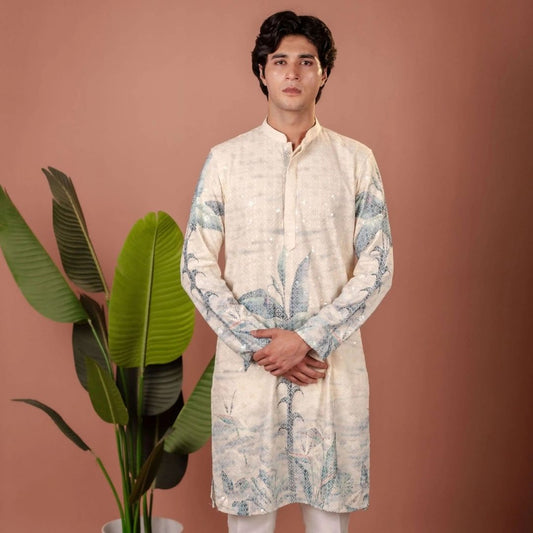 Suutraa Men's Off-White Figure Embroided Chikankari Kurta With Off White Pyjama Set - suutraa.com