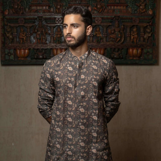 Suutraa Men's DARK MEHENDI PRINTED KURTA WITH OFF WHITE PYJAMA SET - suutraa.com