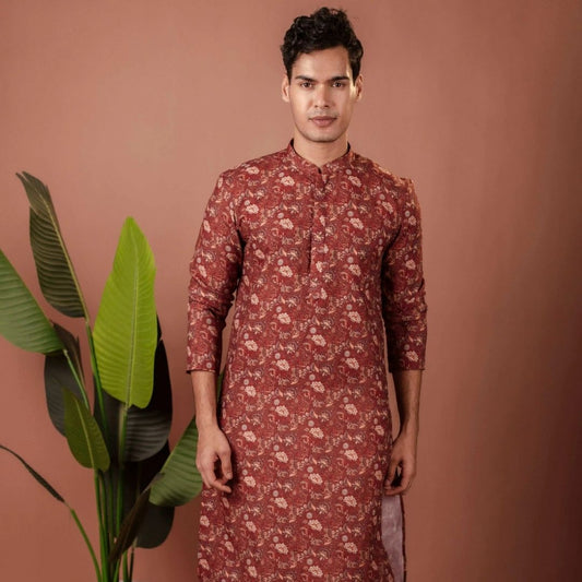 Suutraa Men's Maroon Cotton Printed Kurta With Off White Pyjama Set - suutraa.com