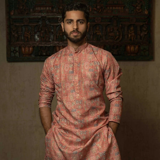 Suutraa Men's Pink Silk Printed Kurta With Off  White Pyjama Set - suutraa.com
