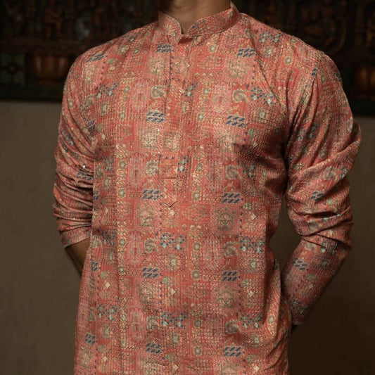 Suutraa Men's Pink Silk Printed Kurta With Off  White Pyjama Set - suutraa.com