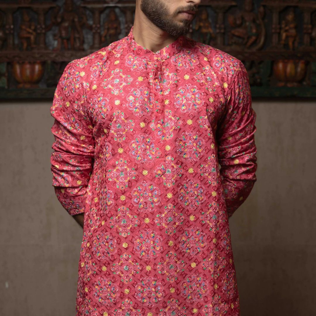 Suutraa Men's Pink Cotton Printed Kurta - suutraa.com