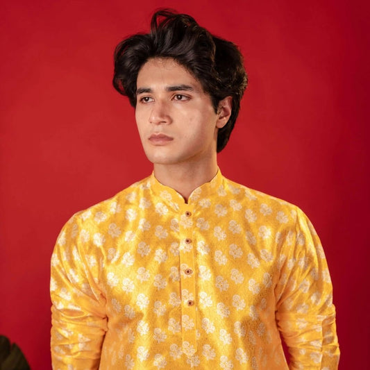 Suutraa Men's Yellow Printed Jaquard Kurta - suutraa.com