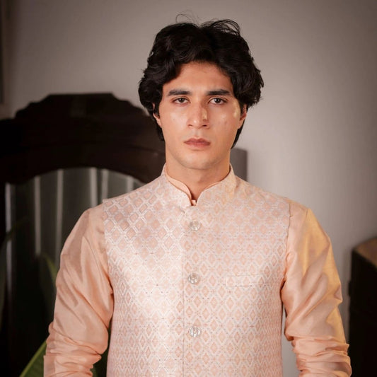SUUTRAA MEN'S CLASSIC PEACH SILK NEHRU JACKET - suutraa.com