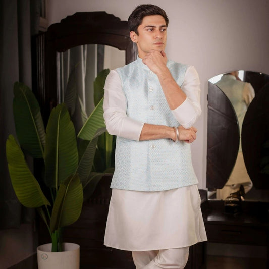 SUUTRAA MEN'S SKY BLUE SILK NEHRU JACKET - suutraa.com