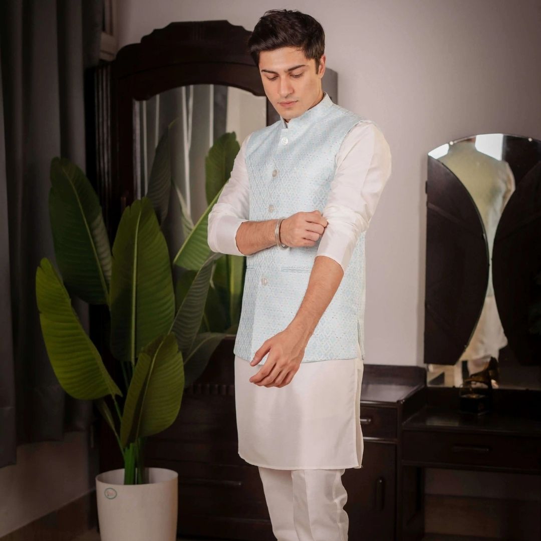 SUUTRAA MEN'S SKY BLUE SILK NEHRU JACKET - suutraa.com
