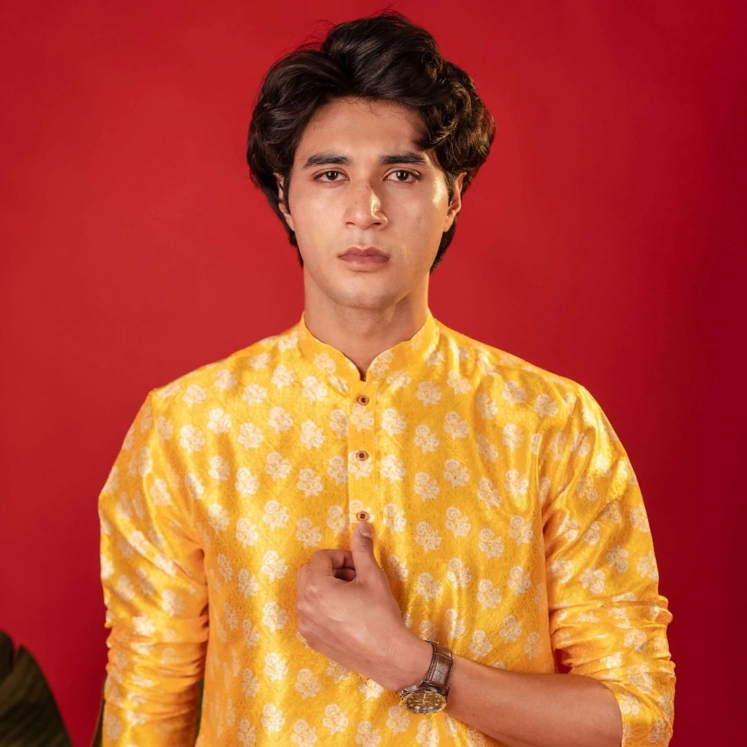 Suutraa Men's Yellow Printed Jaquard Kurta - suutraa.com