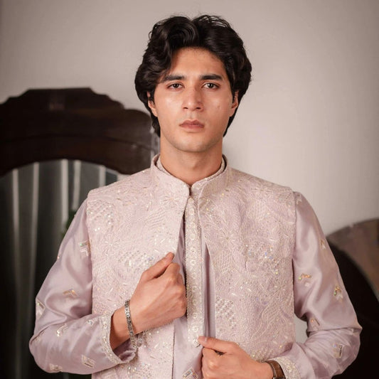 Suutraa Men's Lavender Silk Embroided Kurta Pyjama Jacket Set - suutraa.com
