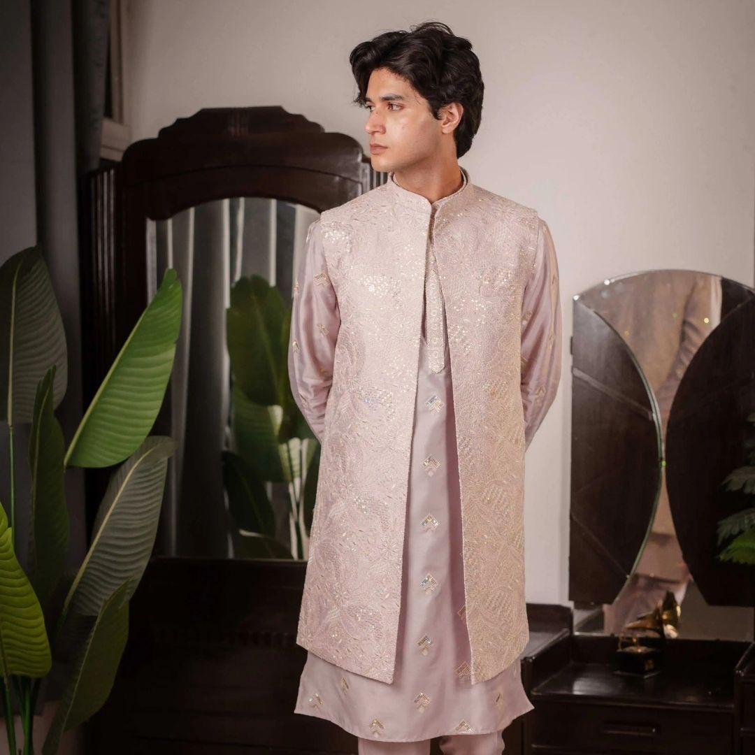 Suutraa Men's Lavender Silk Embroided Kurta Pyjama Jacket Set - suutraa.com