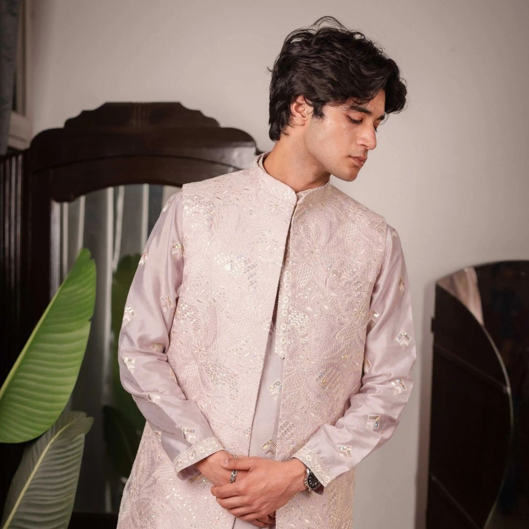 Suutraa Men's Lavender Silk Embroided Kurta Pyjama Jacket Set - suutraa.com
