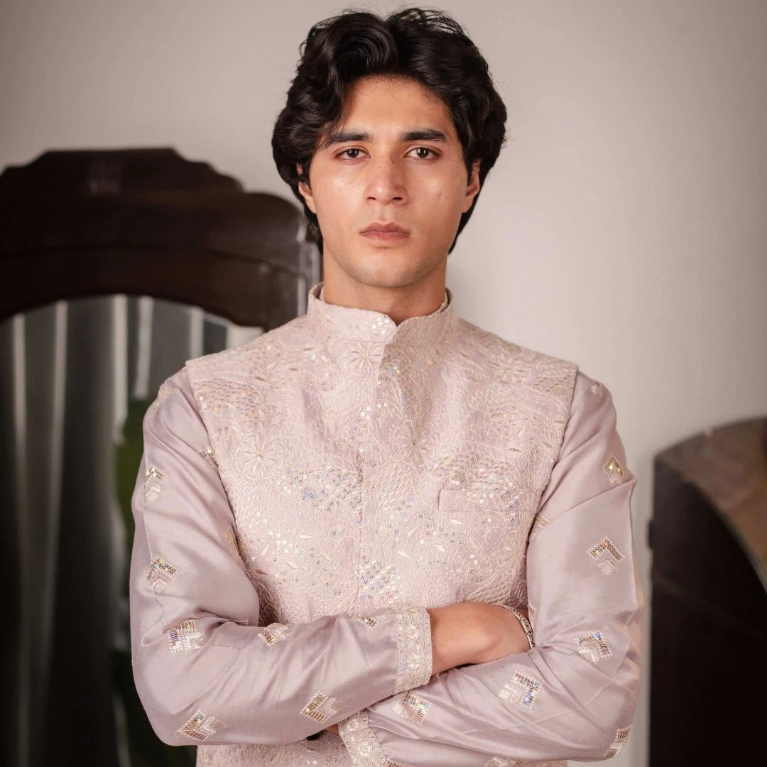 Suutraa Men's Lavender Silk Embroided Kurta Pyjama Jacket Set - suutraa.com