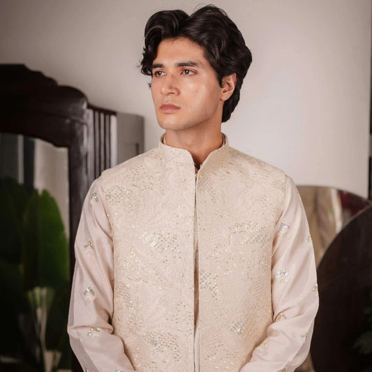 Suutraa Men's Rose Gold Silk Embroided Kurta Pyjama Jacket Set - suutraa.com