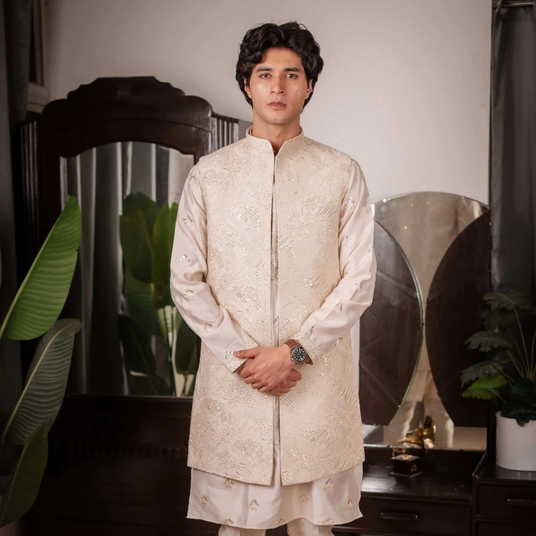 Suutraa Men's Rose Gold Silk Embroided Kurta Pyjama Jacket Set - suutraa.com
