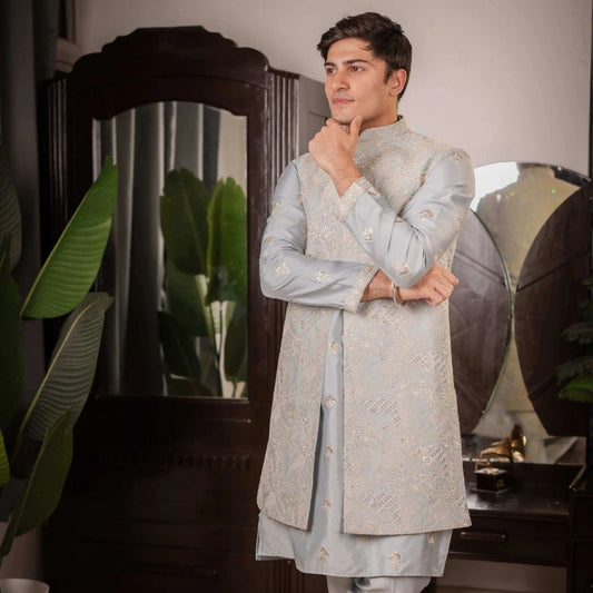 Suutraa Men's Sea Blue Silk Embroided Kurta Pyjama Jacket Set - suutraa.com
