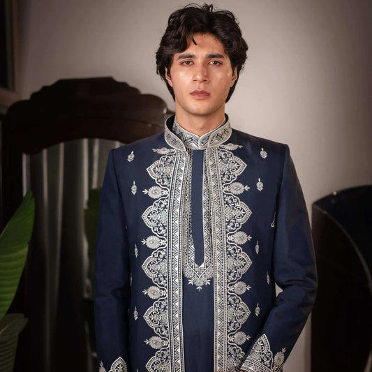 Suutraa Men's Navy Blue Silk Embroided Kurta with Jacket Pyjama Set - suutraa.com