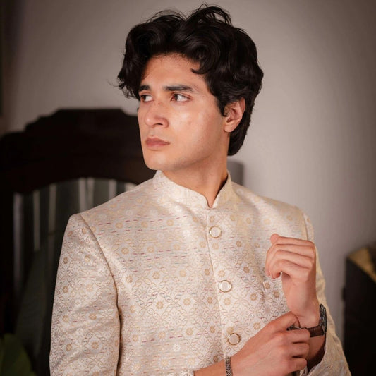 Suutraa Men's Beige Silk Jaquard Indowestern Pyjama Set - suutraa.com