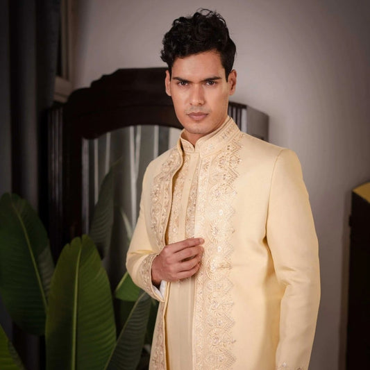 Suutraa Men's Gold Silk Embroidered Indo-Western Kurta Pyjama Set - suutraa.com