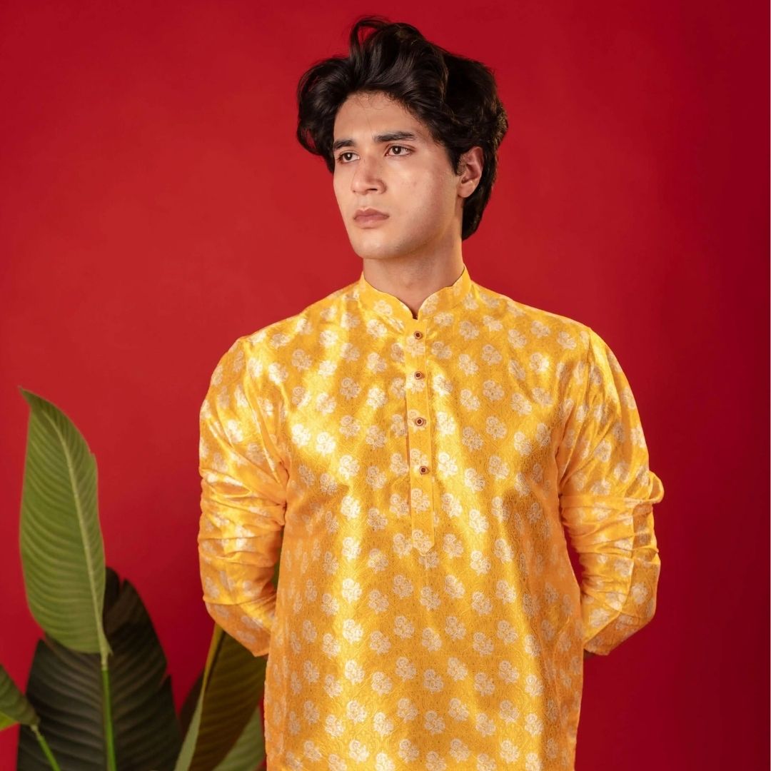 Suutraa Men's Yellow Printed Jaquard Kurta - suutraa.com