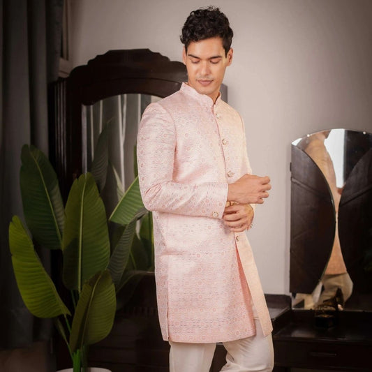 Suutraa Men's Pink Jaquard Classic Indo Pyjama Set - suutraa.com