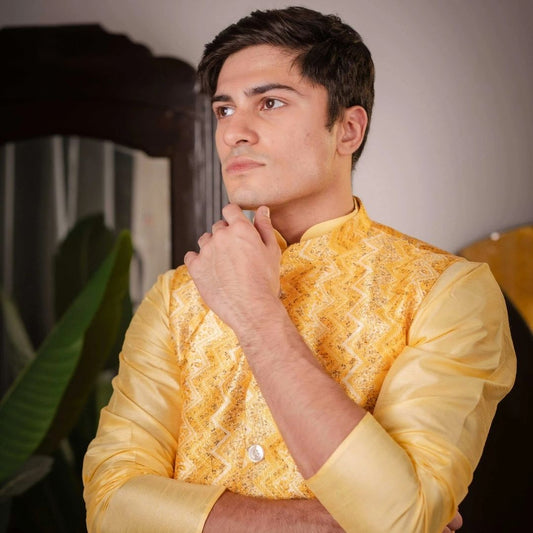 Suutraa Men"s Yellow Silk Kurta Pyjama Jacket Set - suutraa.com