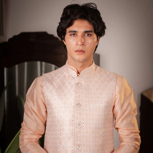 Suutraa Men's Classic Peach Silk Kurta Pyjama Jacket Set - suutraa.com