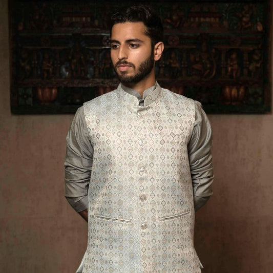 Suutraa Men's Grey Silk Kurta Pyjama Jacket Set - suutraa.com