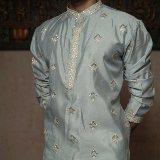 Suutraa Men's Sea Blue Silk all over Embroided Kurta - suutraa.com