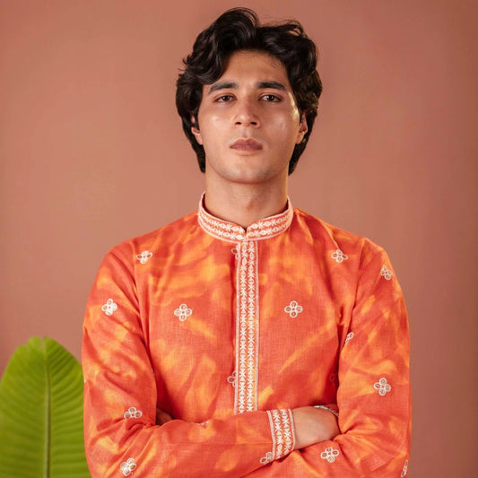 Suutraa Men's Orange Linen Embroided Kurta - suutraa.com