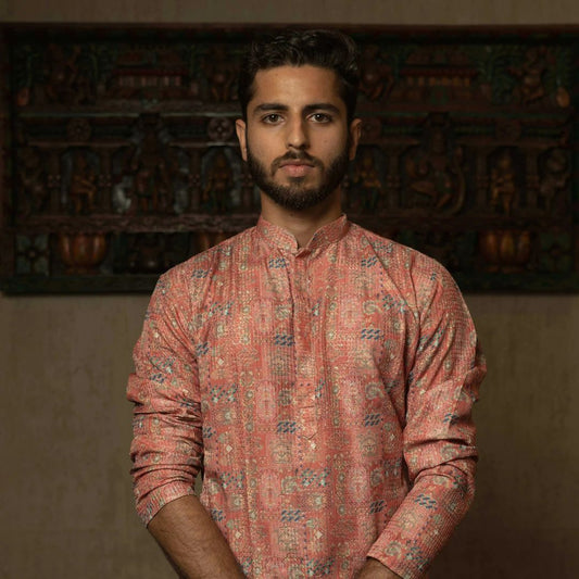Suutraa Men's Pink Silk Printed Kurta - suutraa.com