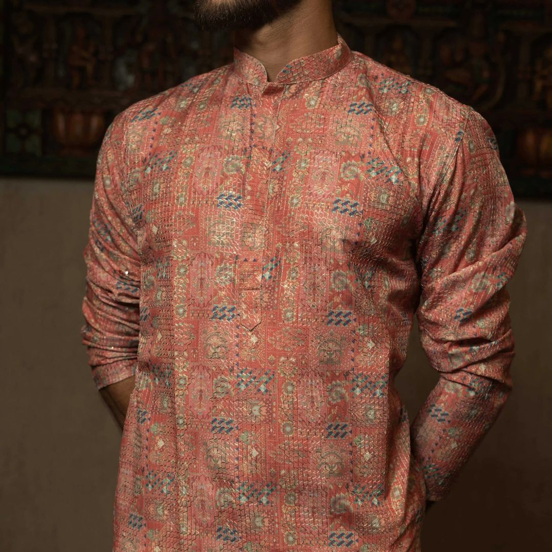 Suutraa Men's Pink Silk Printed Kurta - suutraa.com
