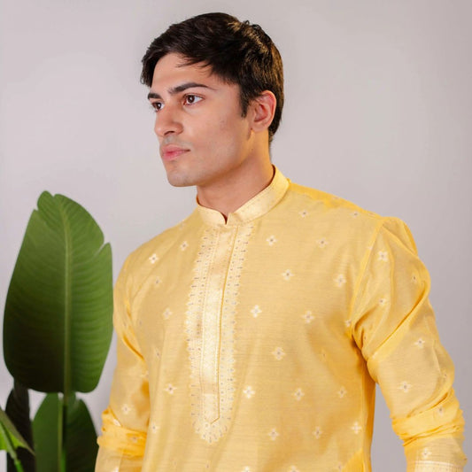 Suutraa Men's Yellow Silk Kurta with Neck Emb - suutraa.com