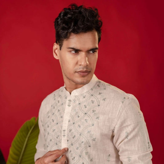 Suutraa Men's Cream Linen Embroided Kurta - suutraa.com