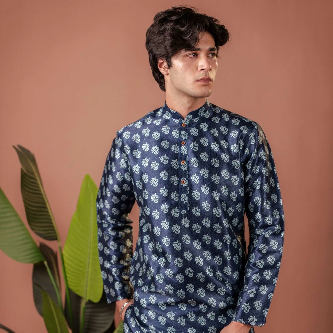 Suutraa Men's Navy Blue Jaquard Printed Kurta - suutraa.com