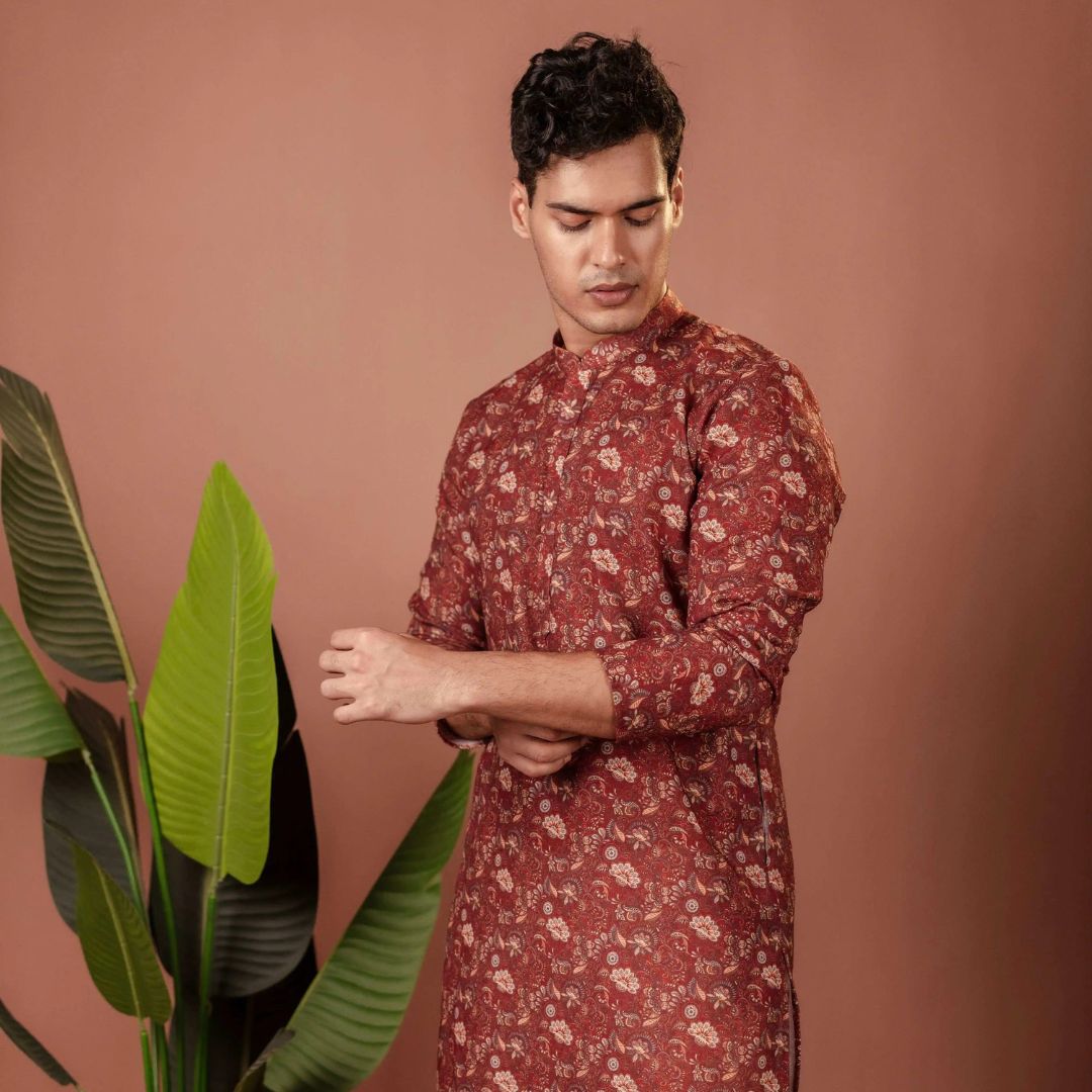 Suutraa Men's Maroon Cotton Printed Kurta - suutraa.com