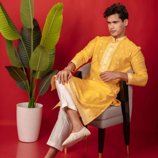 Suutraa Men's Deep Yellow Silk Kurta with Neck Emb - suutraa.com