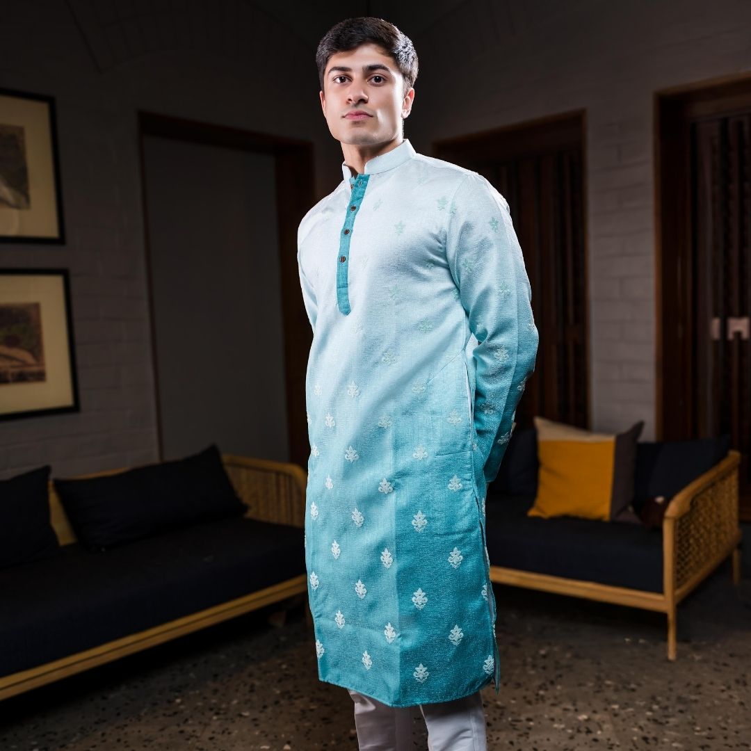 Suutraa Men's Blue Ombre Embroidered Silk Kurta - suutraa.com