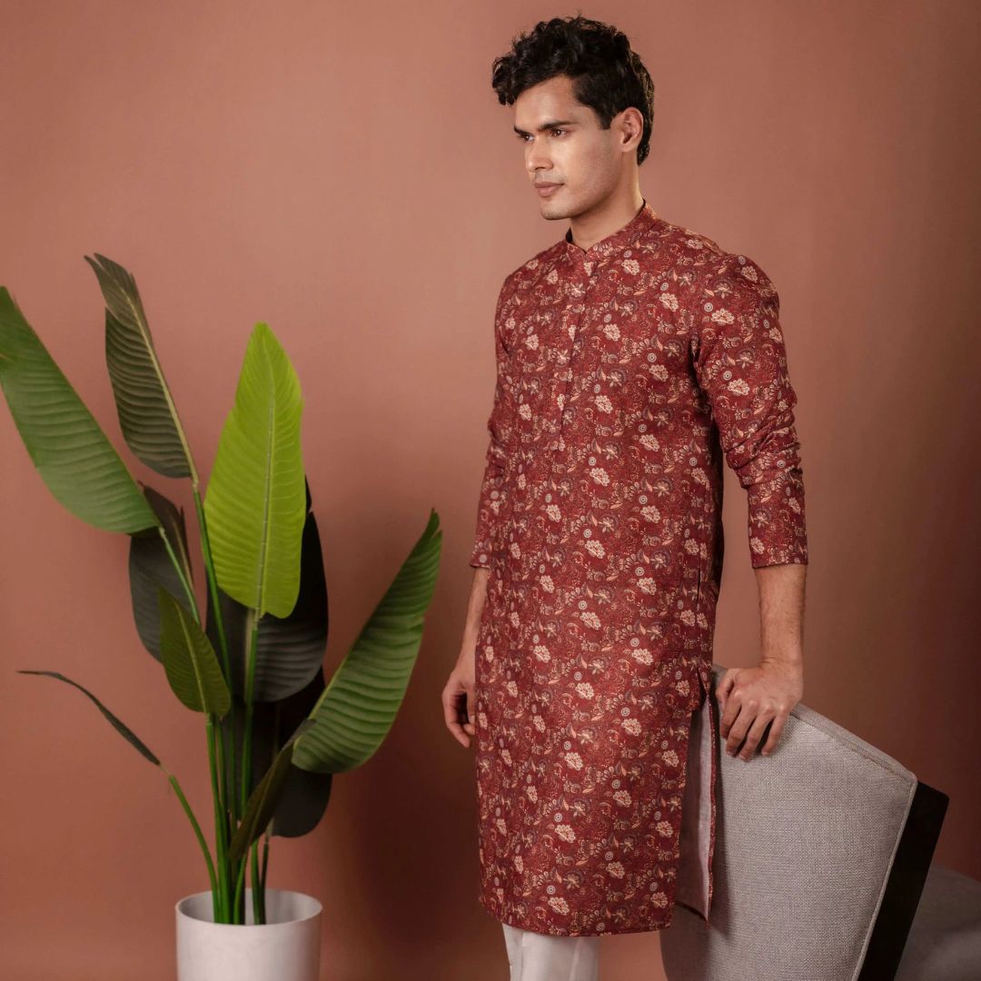 Suutraa Men's Maroon Cotton Printed Kurta - suutraa.com