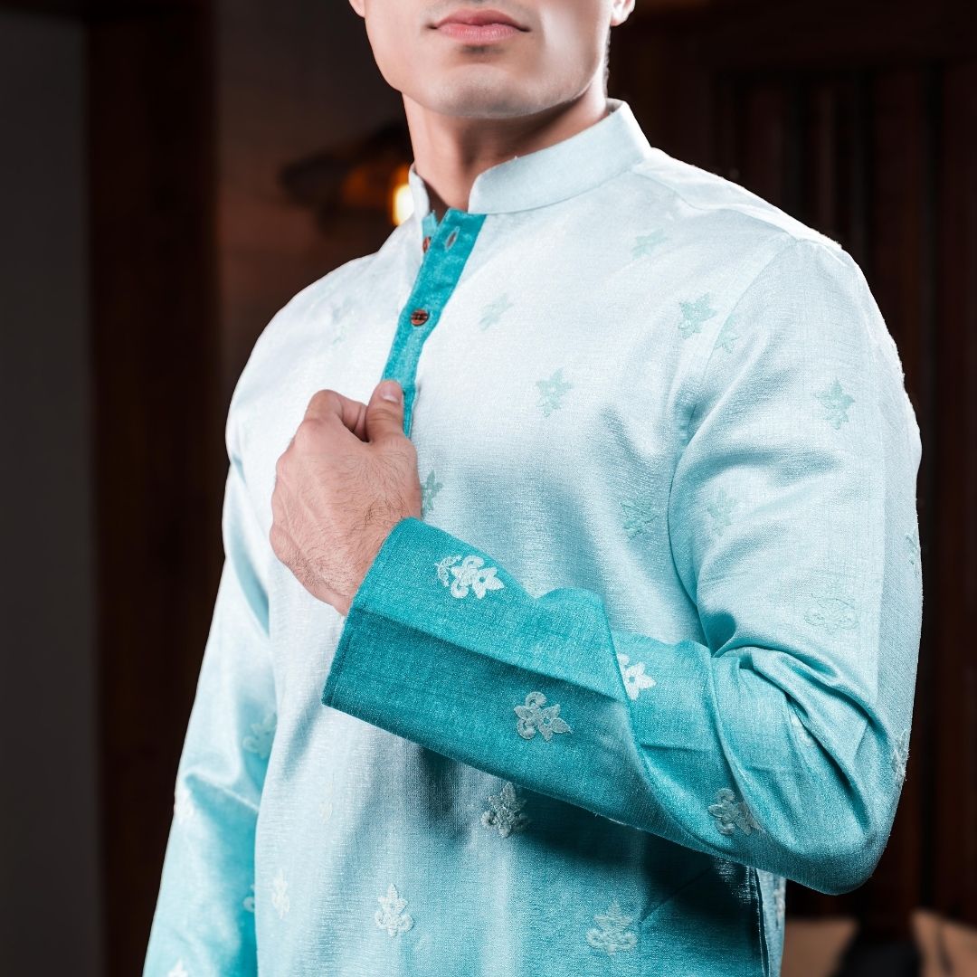 Suutraa Men's Blue Ombre Embroidered Silk Kurta - suutraa.com