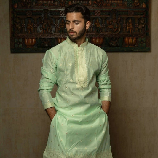 Suutraa Men's Pista Green Silk Kurta with Neck Emb - suutraa.com
