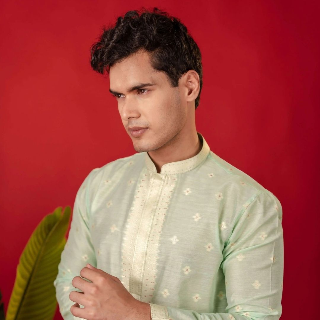 Suutraa Men's Pista Green Silk Kurta with Neck Emb - suutraa.com