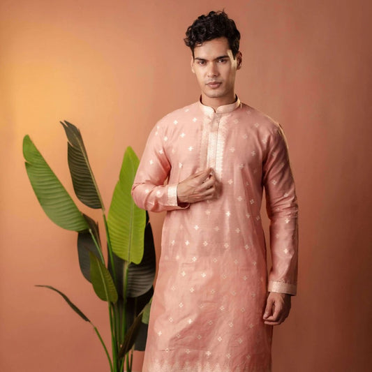 Suutraa Men's Pink Silk Kurta with Neck Emb - suutraa.com