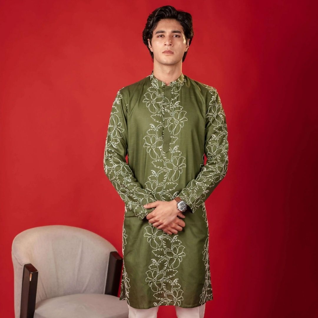 Suutraa Men's Bottle Green Linen Designer Thread Work Kurta - suutraa.com