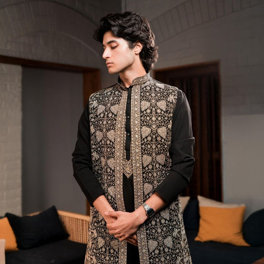 Suutraa Mens's Black Long Kurta Jacket Pant Set - suutraa.com