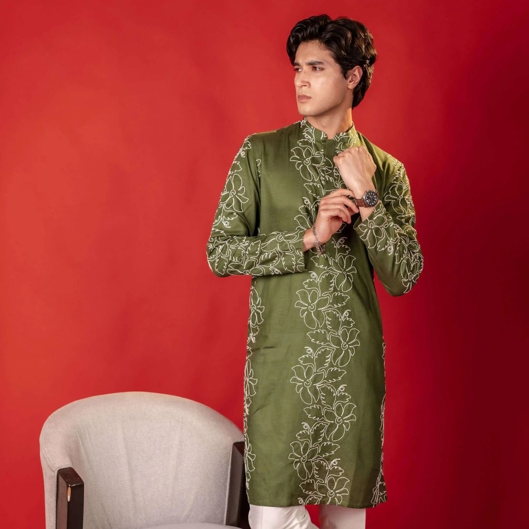 Suutraa Men's Bottle Green Linen Designer Thread Work Kurta - suutraa.com