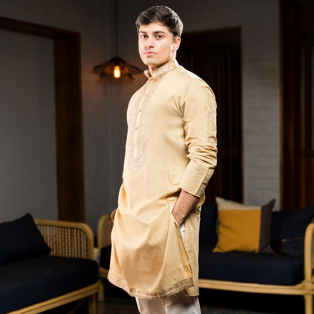 Suutraa Men's Gold Long Kurta Jacket Pant Set - suutraa.com