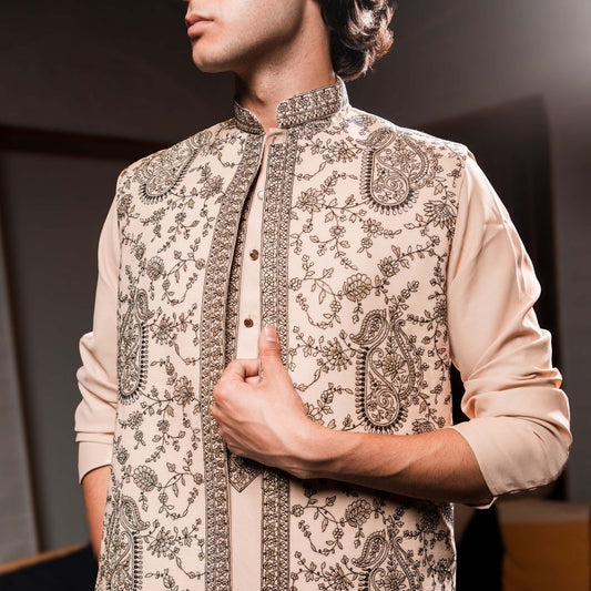 Suutraa Mens's Peach Long Kurta Jacket Pant Set - suutraa.com