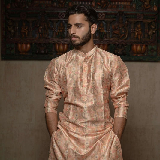 Suutraa Men's Rose Gold Silk Printed Kurta - Suutraa Men