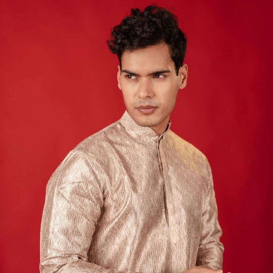 Suutraa Men's Beige Silk Printed Kurta - suutraa.com