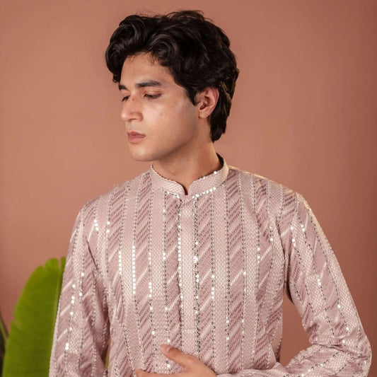 Suutraa Men’s Lavender Silk all over Embroided Kurta - suutraa.com